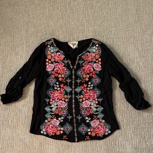 Savanna Jane Black Blouse with Colorful Floral Embroidery